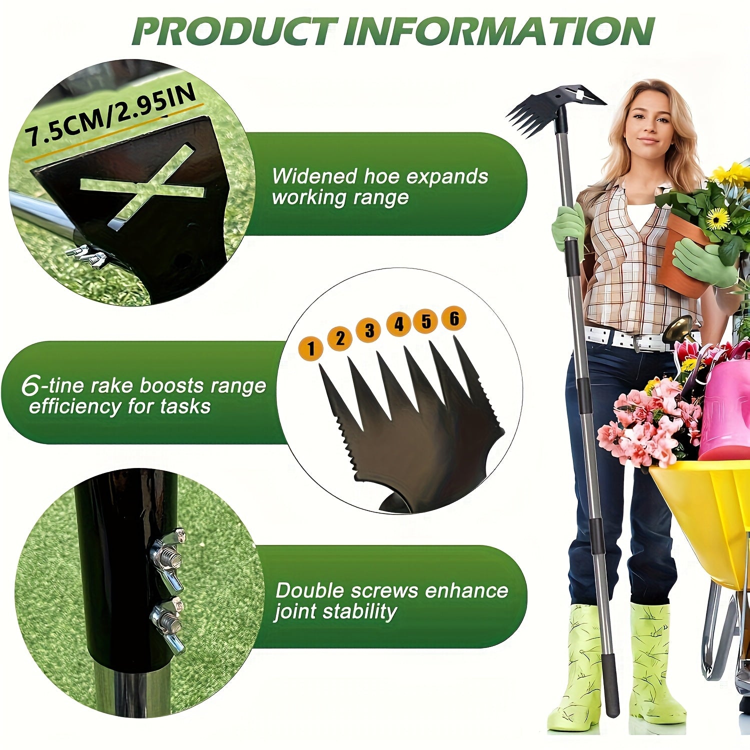 1pc Heavy-Duty Garden Hoe - Extra-Long 60In Handle, Dual-Function Weeding Rake And Action Hoe, Suitable for Professional And Home Gardening, Farming, And Lawn Care - Heavy-Duty Metal Construction, Soil Tilling Tool, Sturdy And Durable