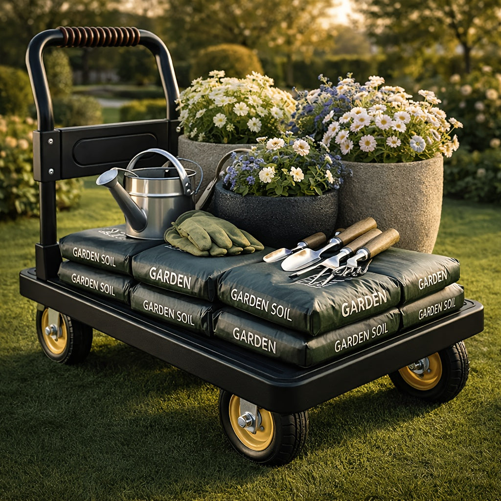 Heavy Duty Garden Cart with Folding Handle, 4 Wheel Outdoor Utility Platform Wagon for Plants, Soil And Yard Work