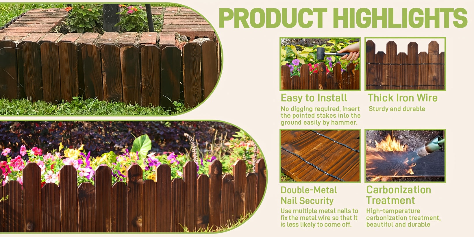 1pc 47.2-Inch Wooden Garden Edging, Decorative Small Picket Panels for Flower Bed Barriers And Landscape Fencing