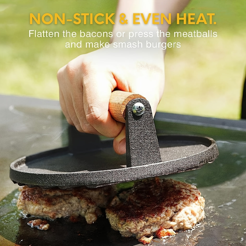 Dual-Size Cast Iron Smash Press - Heavy Duty Bacon & Patty Press with Ergonomic Wood Handle for BBQ/ Kitchen