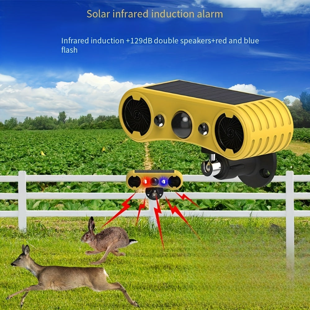 2025 Newest Solar Powered Soundwave Technology Animal Repeller - PIR Sensor and Red/ Blue Flashing Light, Multiple Sounds, Ideal for Repelling Squirrels, Dogs, Deer and More!