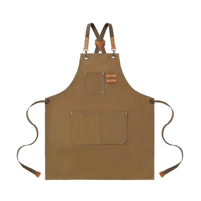 Men And Women's Cross-back Apron, Made Of Canvas with Material, Suitable for Outdoor Barbecues, Outdoor Work, Art Painting And Gardening. It Has 3 Tool Pockets And Adjustable Fastening.