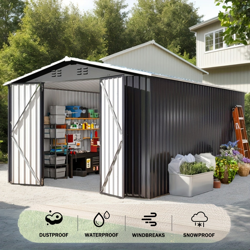 5x3-12x14ft Outdoor Storage Shed, Metal Garden Shed with Updated Frame Structure, Tool Sheds for Backyard Garden Patio Lawn, Black Or White