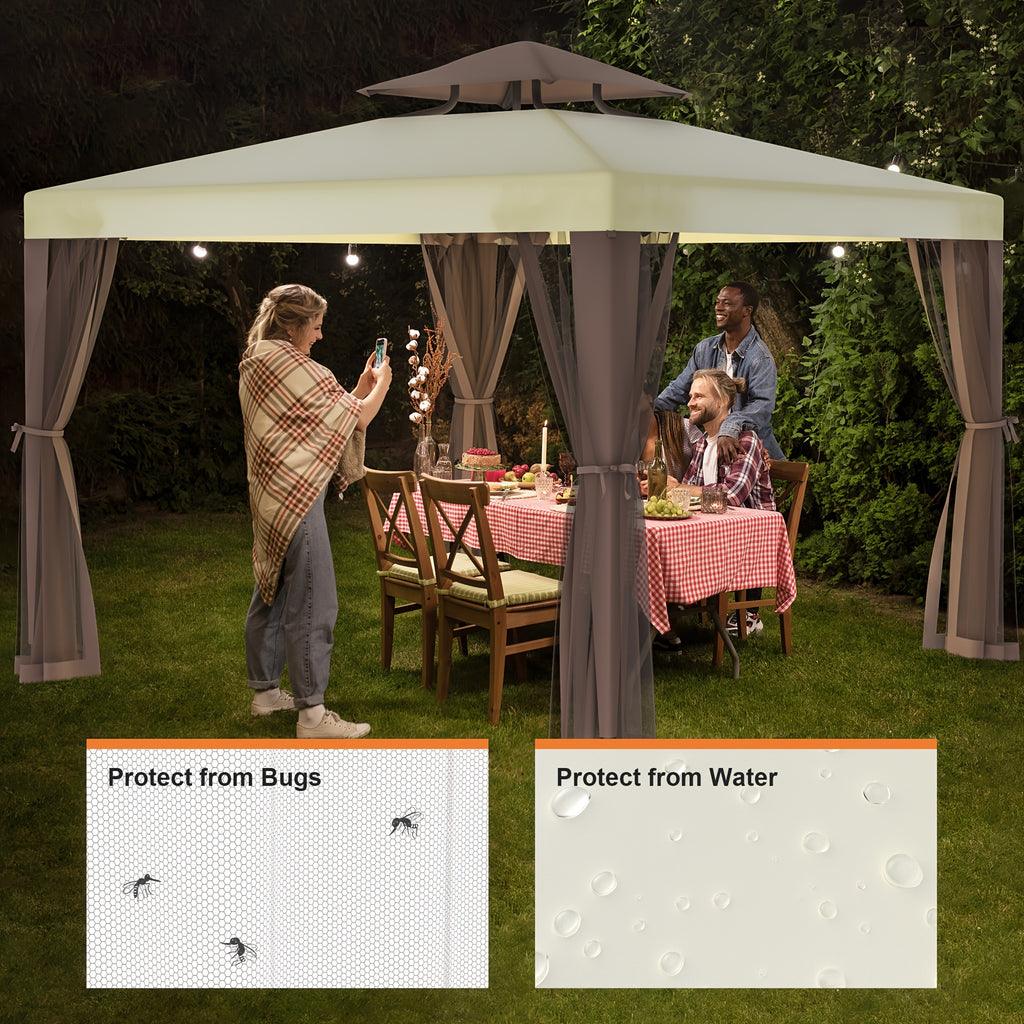 Outdoor Gazebo, 10x10 Patio Gazebo Waterproof Canopy Tent UV-Resistant 2-Tier Top Sturdy Canopy Tent for Camping with Mosquito Netting for Garden Patio Backyard
