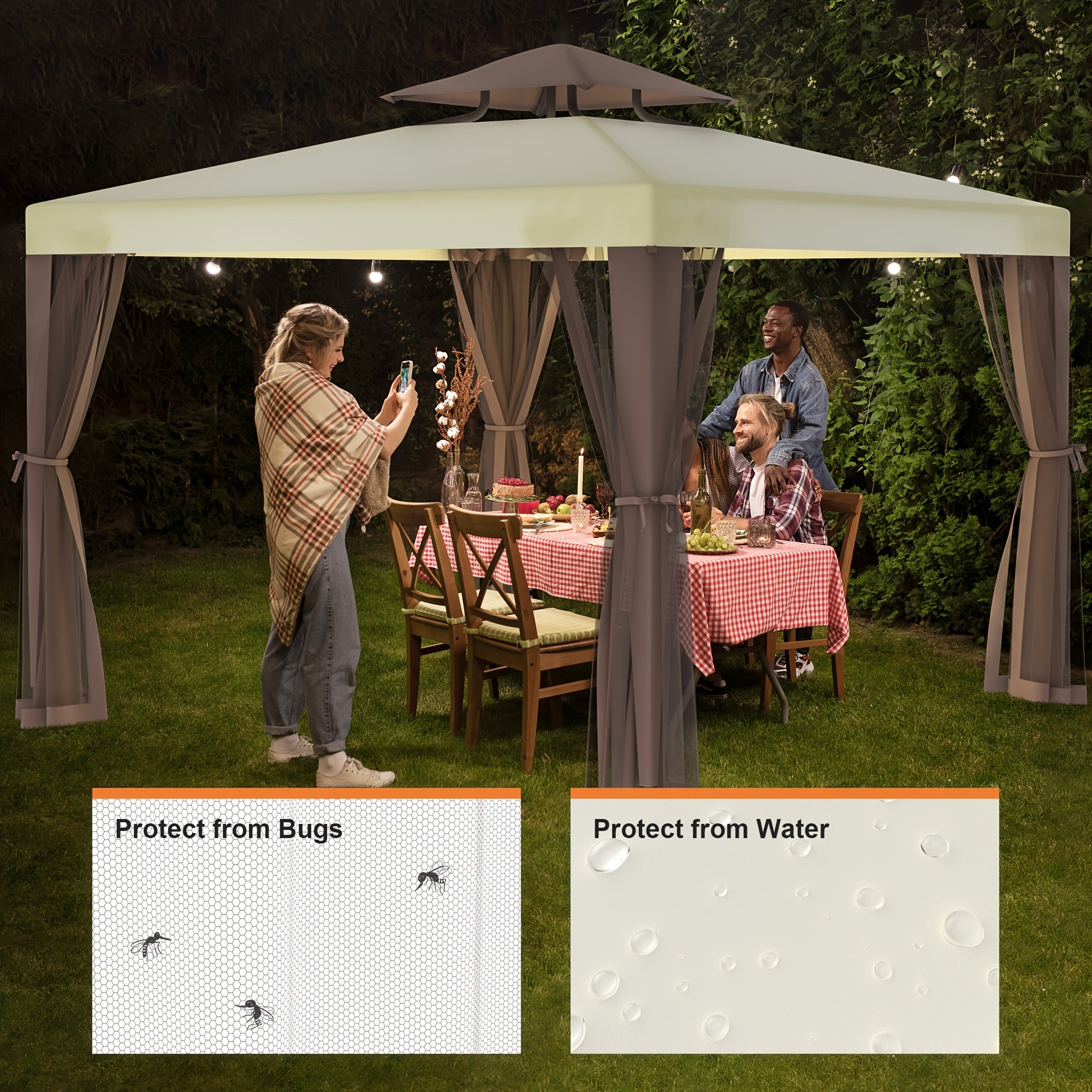Outdoor Gazebo, 10x10 Patio Gazebo Waterproof Canopy Tent UV-Resistant 2-Tier Top Sturdy Canopy Tent for Camping with Mosquito Netting for Garden Patio Backyard