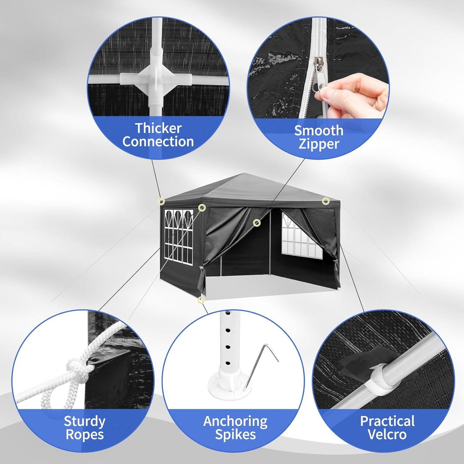 10X10Ft Outdoor Party Tent, Patio Canopy Tent Gazebo with Removable Sidewalls Instant Event Tent for Cater Events Wedding Birthday Pavilion Beach BBQ Black/ White/ Blue