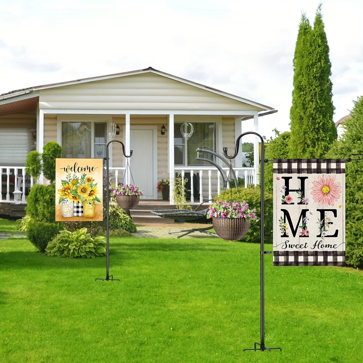 Garden Flag Holder Stand And Shepherds Hooks, 48 Inch Height with 1/2 Thick Metal Pole-Outdoor Lawn Yard Stake for Small, Garden Flag Stand for Outside, Garden Flag Pole Clips, Garden Flag Pole, Garden Decoration, Outdoor Decor, Sturdy Design