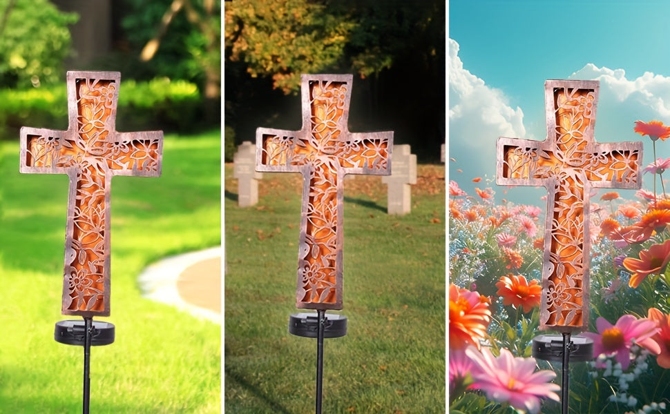 Solar Cross Garden Stake Lights 38inch Metal Outdoor Waterproof Memorial Garden Decor 2 Lighting Modes Cemetery Decorations for Grave for Remembrance Gifts & Sympathy Gifts
