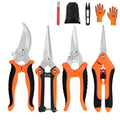 5pcs Heavy Duty Garden Pruning Shears Set with Stainless Steel Blades - Ambidextrous Handheld Scissors, Bypass & Secateurs, Includes Ergonomic Orange Handles and Storage Bag for Lawn and Tree Care