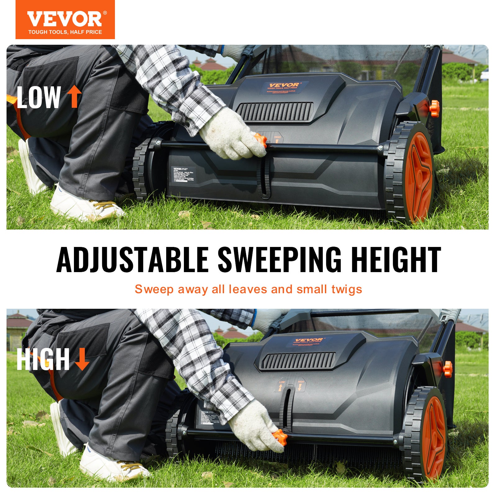 VEVOR Push Lawn Sweeper, 21-inch Leaf & Grass Collector, Strong Rubber Wheels & Heavy Duty Thickened Steel Durable to Use with Large Capacity 3.5 cu. ft. Mesh Collection Bag, 2 Spinning Brushes