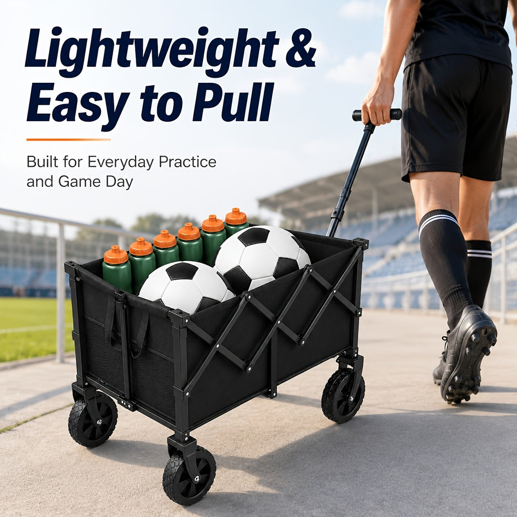 Heavy Duty Folding Wagon 340lbs Capacity, All-Terrain Collapsible Utility Cart for Beach Camping Garden Shopping, No Assembly Stainless Steel Frame Portable Grocery Wagon with Tool Holder, Black