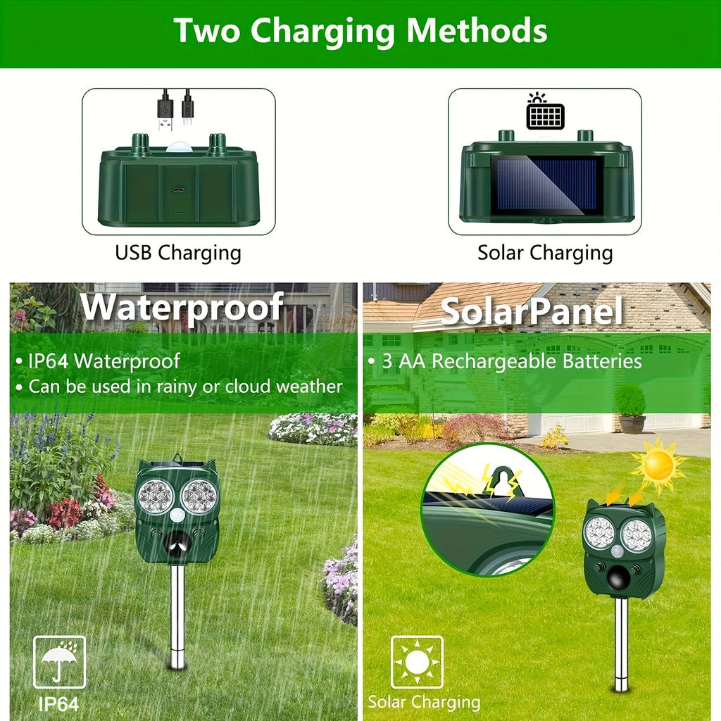 Solar Soundwave technology Animal Repeller, Sonic Animal Repeller, Motion Detection, Flashlights, Dog Cat Repellent, Squirrel, Raccoon, Skunk, Rodent, Fox, Deer, Bird Deterrents for Outside