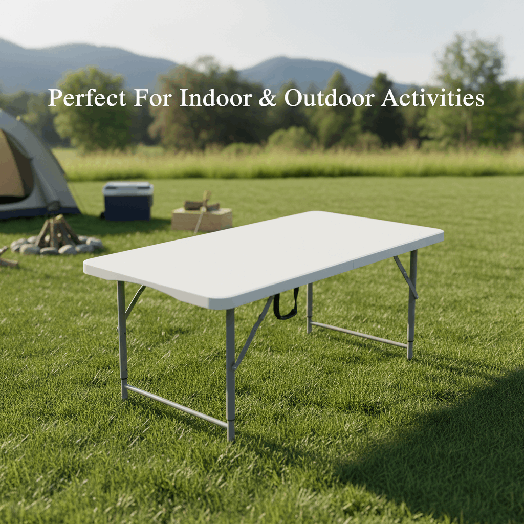 4 FT Plastic Folding Camping Table, 3-Level Adjustable Height Portable Table, HDPE Indoor Outdoor Table for Party, Picnic, Dining, Garden & Party Activities, White