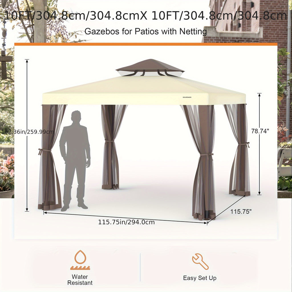 Outdoor Gazebo, 10x10 Patio Gazebo Waterproof Canopy Tent UV-Resistant 2-Tier Top Sturdy Canopy Tent for Camping with Mosquito Netting for Garden Patio Backyard