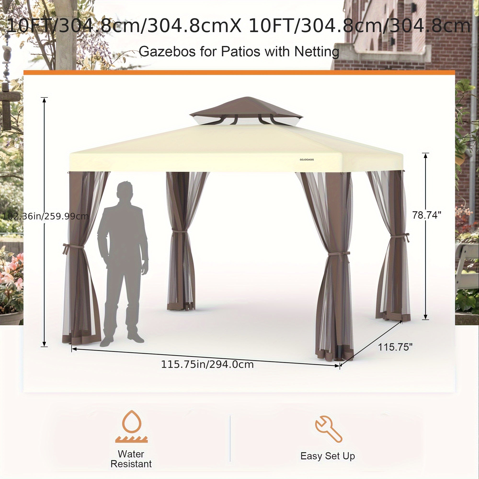 Outdoor Gazebo, 10x10 Patio Gazebo Waterproof Canopy Tent UV-Resistant 2-Tier Top Sturdy Canopy Tent for Camping with Mosquito Netting for Garden Patio Backyard
