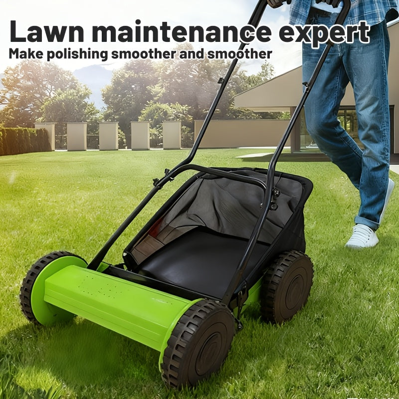 Durable Steel Construction, Precision-cut for Perfect Stripes, 12-inch 5-blade Manual Reel Push Mower, High-strength Steel Blades, Grass Catcher, Ergonomic U-shaped Handle, Dual-wheel Design. No Electricity Required, Suitable for Residential