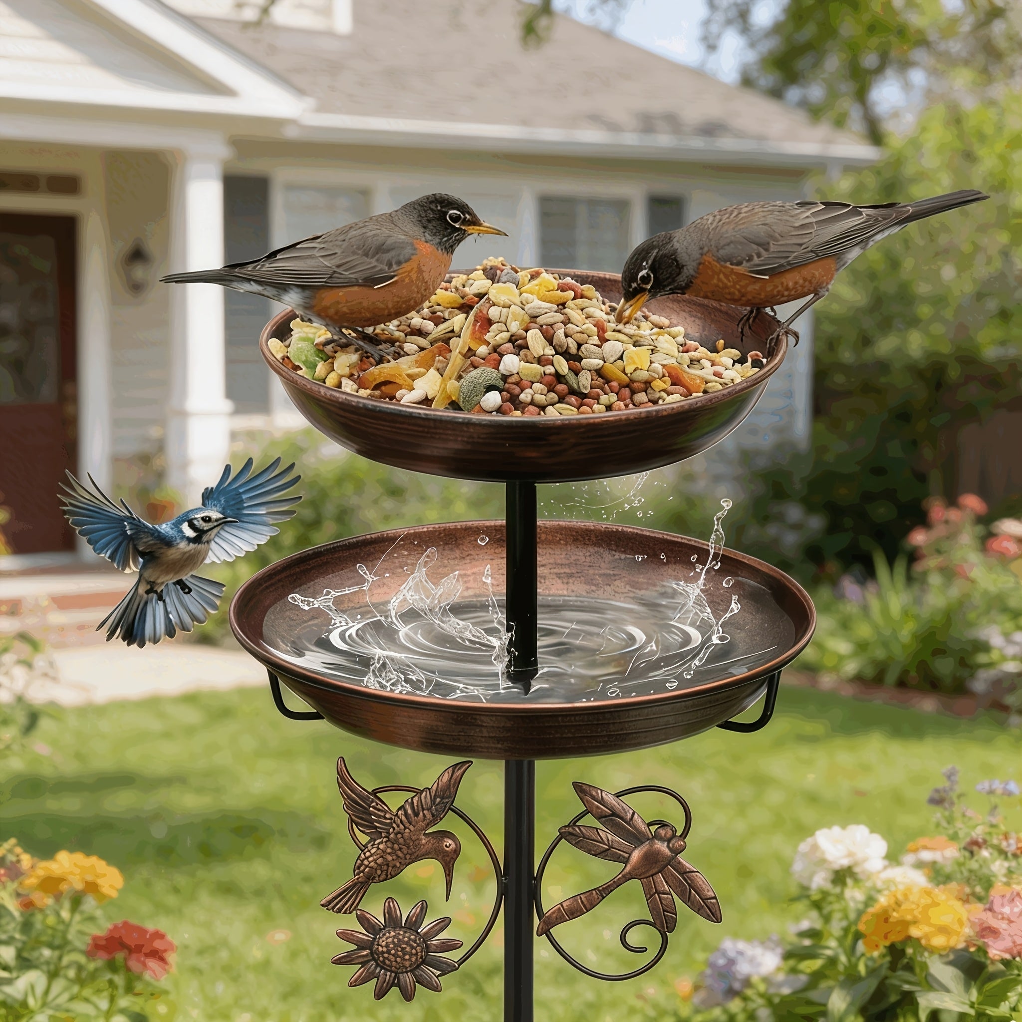 Retro Double-layer Metal Bird Bath Feeder. Detachable Basin for Feeding & Bathing. with Hummingbird & Dragonfly Decor. Ideal for Gardens, Patios, Courtyards, Lawns. Upgraded 5-claw Base, Anti-toppling, Stable And Durable.