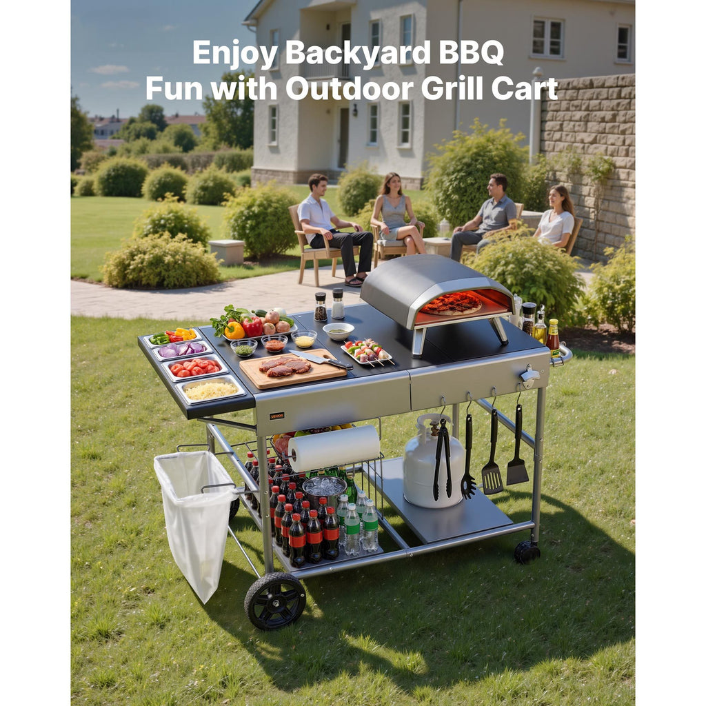 VEVOR Outdoor Grill Cart, 36.4 x 23.4 x 1 inch Tabletop Size Grilling Table, Movable Outdoor Cooking Table with 4 Spice Containers, Wheels, Lids, Hooks, BBQ Prep Tables for Picnic, Kitchen, Courtyard