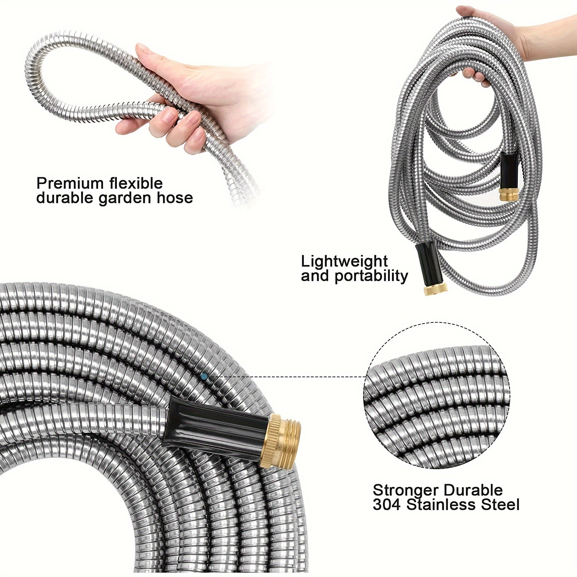 Flexible Metal Garden Hose Featuring a 10-Function Nozzle, Designed to Be Kink-Free, Lightweight, Durable, And Resistant to Crushing, with Easy Coiling And Puncture-Proof Capabilities, Ideal for Yards And Rvs