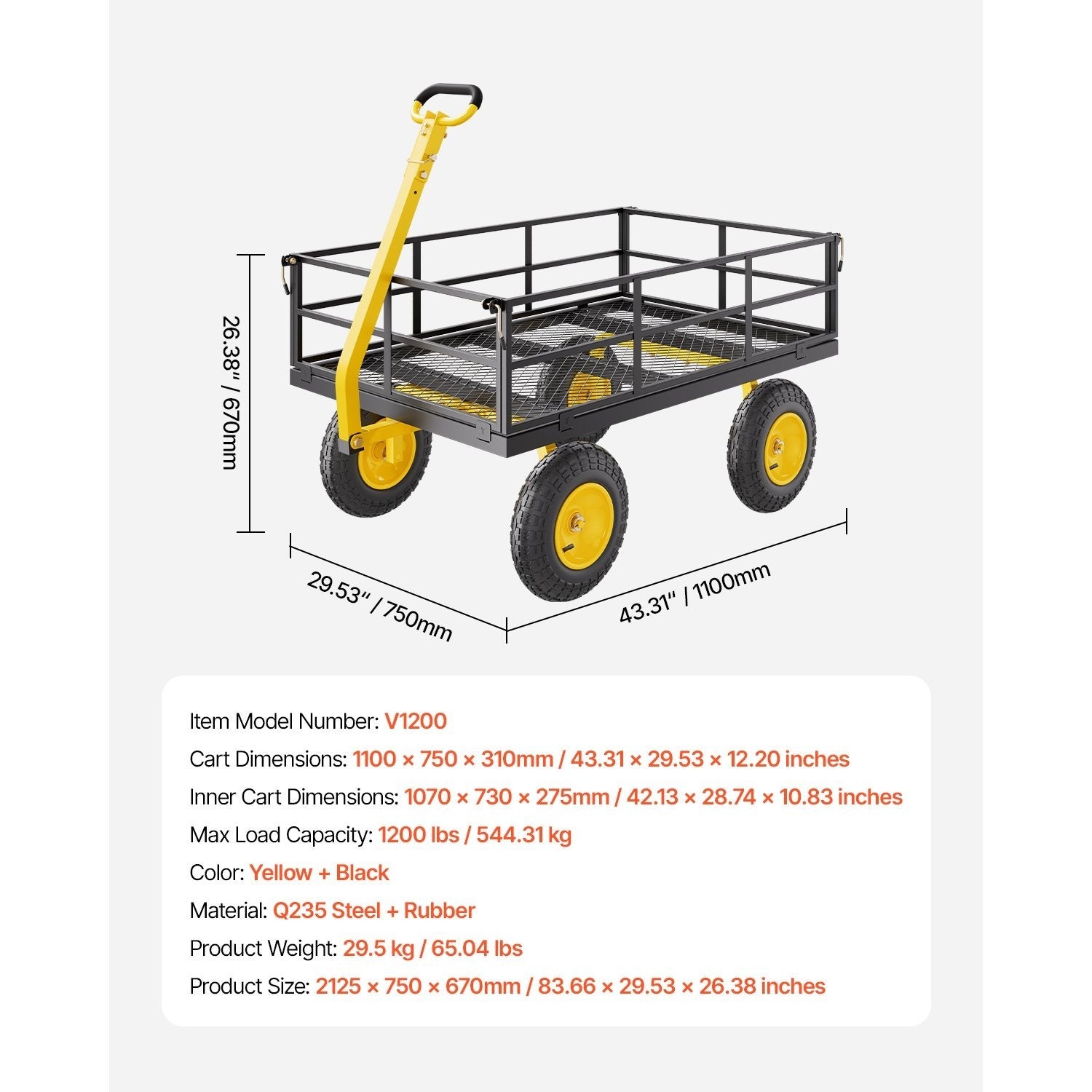 Vevor 500/1200/1400 Lbs Steel Garden Cart, Heavy Duty Pullable Cart with Wheels for Garden, Metal Yard Utility Wagon with 10" All Terrain Tires, Removable Mesh Sides and 180° Rotating Handle