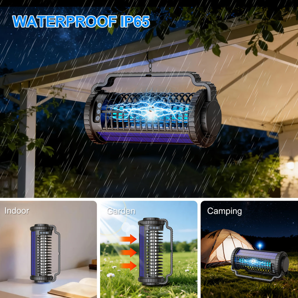 Solar Bug Zapper & Mosquito Killer Lamp - UV, Auto-Sensor, Dual Charging (Solar + USB) With 4000mAh Battery, Lighting Mode, For Indoor/Outdoor, Camping, Patio, Effectively Traps & Kills Mosquitoes, Flies, Gnats, Fruit Flies Mosquito Trap.
