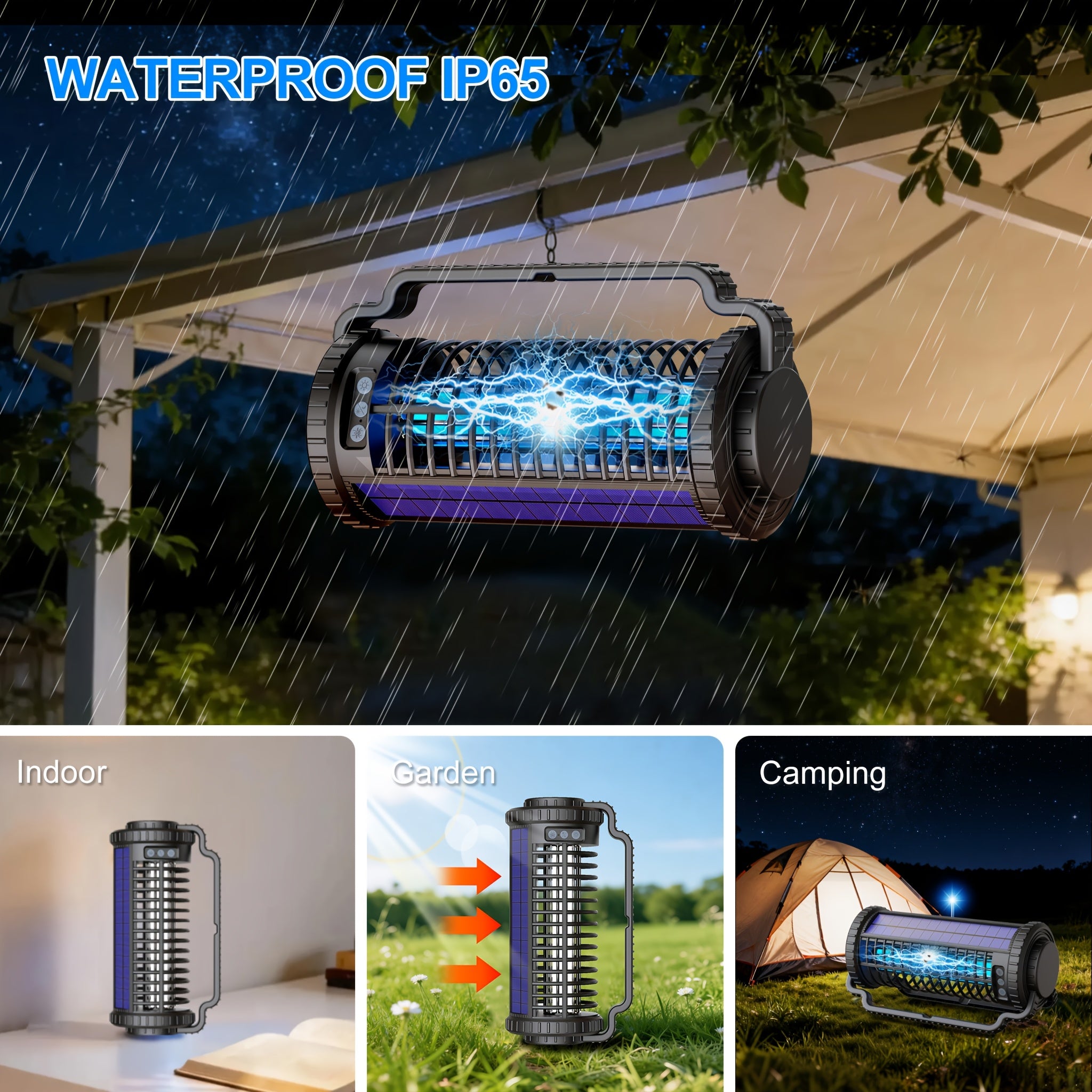 Solar Bug Zapper & Mosquito Killer Lamp - UV, Auto-Sensor, Dual Charging (Solar + USB) With 4000mAh Battery, Lighting Mode, For Indoor/Outdoor, Camping, Patio, Effectively Traps & Kills Mosquitoes, Flies, Gnats, Fruit Flies Mosquito Trap.