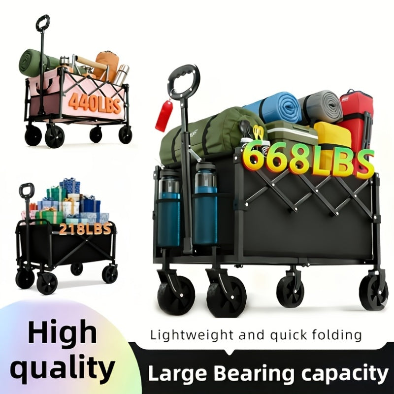 Heavy-Duty Collapsible Handcart with a Stainless Steel Frame And 600D Oxford Fabric, Equipped with All-Terrain Wheels, Ideal for Camping, Gardening, Beach Outings, Shopping, And Transporting Goods. It Features Compact Storage And a Robust Design