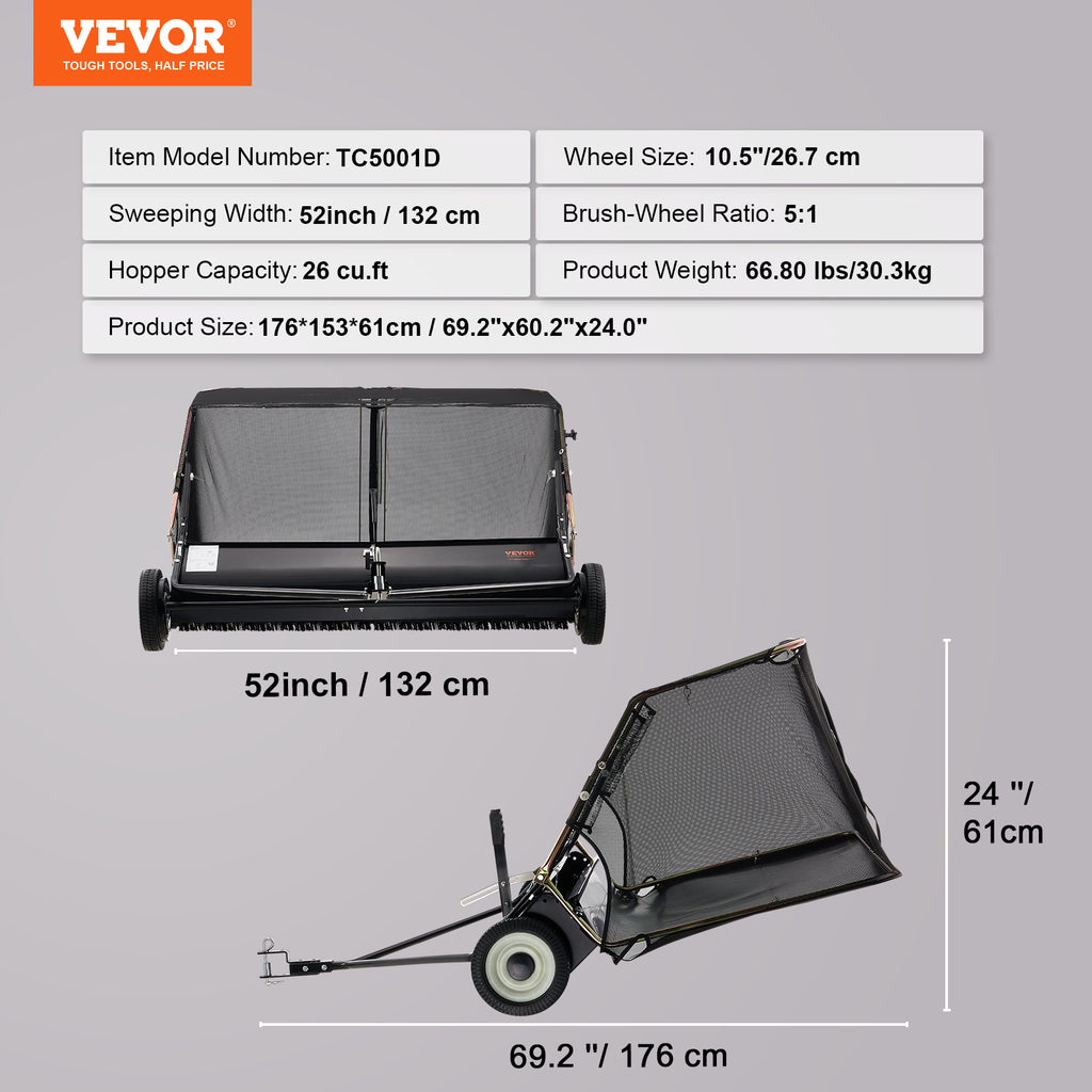 VEVOR Push Lawn Sweeper, 21-inch Leaf & Grass Collector, Strong Rubber Wheels & Heavy Duty Thickened Steel Durable to Use with Large Capacity 3.5 cu. ft. Mesh Collection Bag, 2 Spinning Brushes