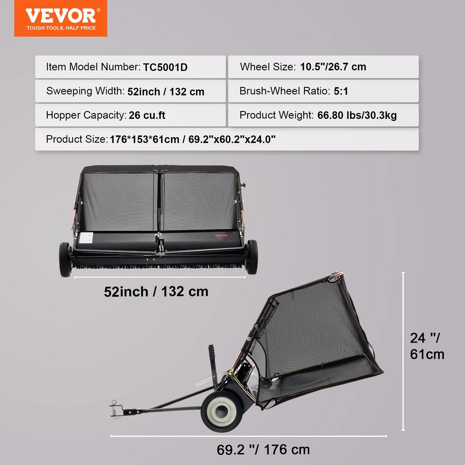 VEVOR Push Lawn Sweeper, 21-inch Leaf & Grass Collector, Strong Rubber Wheels & Heavy Duty Thickened Steel Durable to Use with Large Capacity 3.5 cu. ft. Mesh Collection Bag, 2 Spinning Brushes