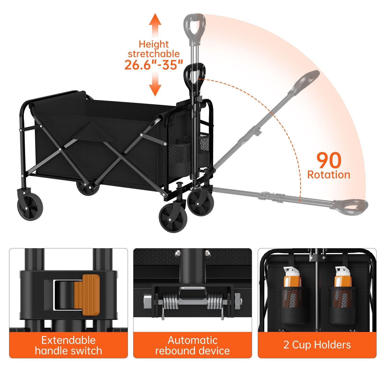 Collapsible Wagon Cart, 550/450/330/220LBS Heavy Duty Folding Utility Wagon with Cup Holders, All-Terrain Wheels Portable Foldable Shopping Cart for Camping Beach Garden Grocery