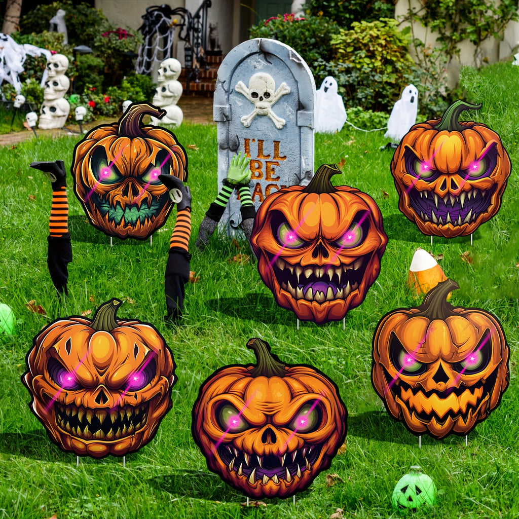 6-Pack Pumpkin Halloween Decorations Plastic Yard Signs with Stakes, Halloween Decorations for Outdoors, Scary Silhouette with Glow-In-Dark Eyes for Outdoor Yard Lawn Garden