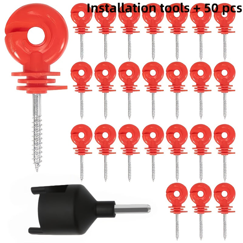 50/100pcs Metal Electric Fence Insulator - Includes Installation And Disassembly Tools, Self-Drilling Screws for Screwing In, Suitable for Wooden Posts in Homes, Pastures - Livestock And Agricultural Fences, High Wall Electric Fence Additions