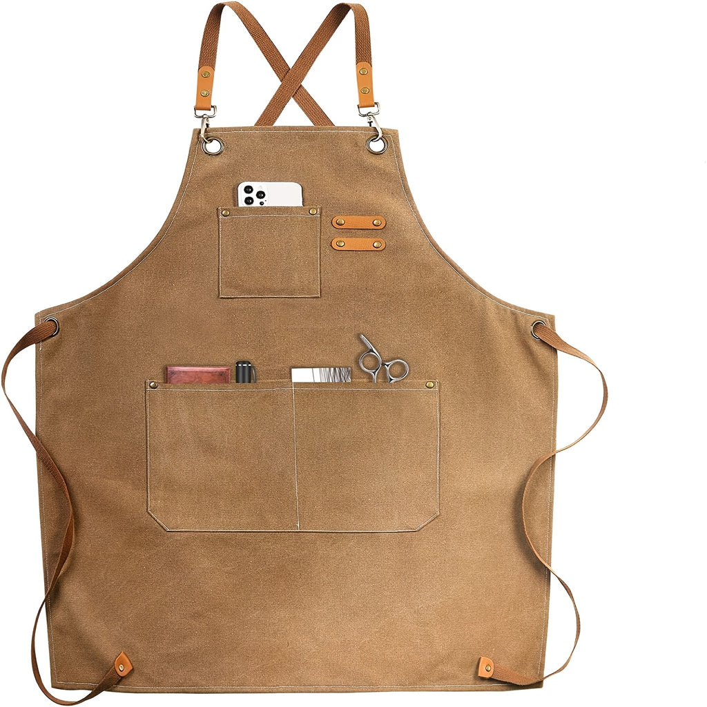 Men And Women's Cross-back Apron, Made Of Canvas with Material, Suitable for Outdoor Barbecues, Outdoor Work, Art Painting And Gardening. It Has 3 Tool Pockets And Adjustable Fastening.