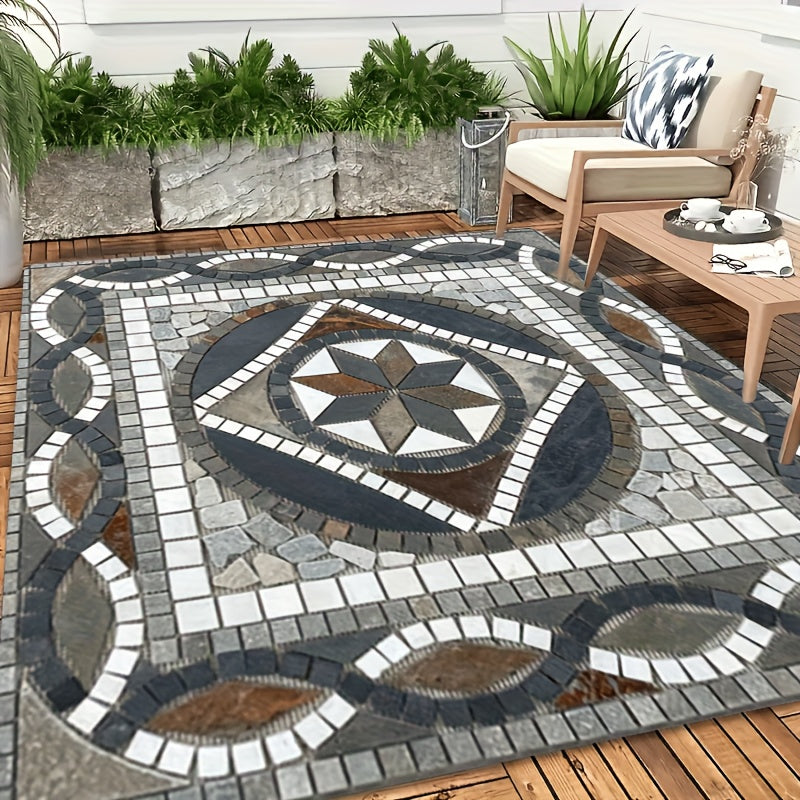 1pc Bohemian Style Retro Marble Print Outdoor Mat, Heavyweight 850gsm Crystal Velvet, Soft & Non-Slip for Christmas/Halloween Patio, Garden, Camping, RV, Beach Party Decor