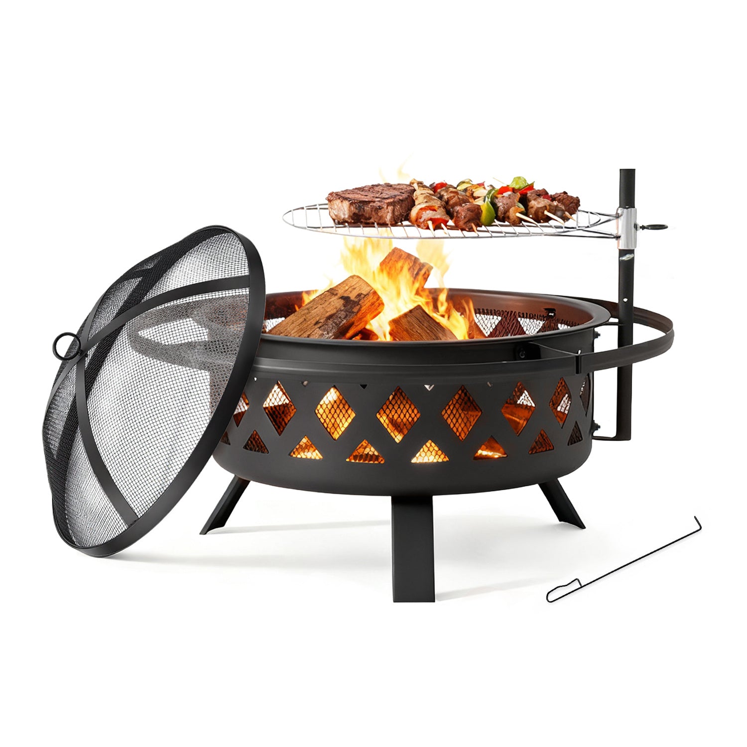 Outdoor Fire Pit With Grill, Steel Fire Bowl for BBQ Camping Picnic, Garden Patio Heater Charcoal Log Wood Burner