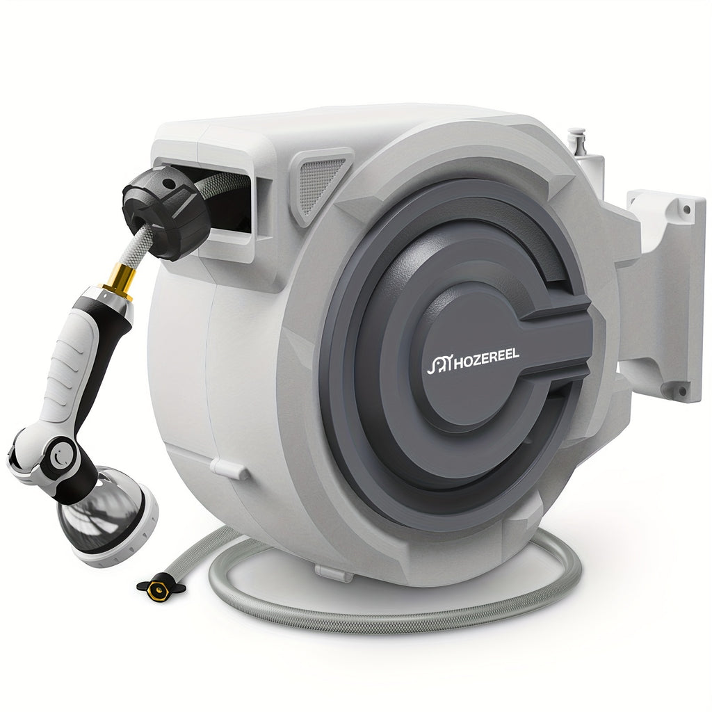 110FT X 1/2" Retractable Garden Hose Reel by HOZEREEL, Outdoor Garden Hose Reels - Automatic Self Retract Wall Mount Hose Reel Enclosed Storage, Any Length Lock, 10 Pattern Nozzle-Grey