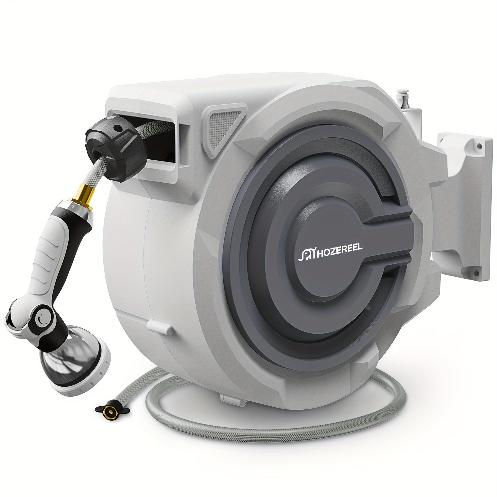 110FT X 1/2" Retractable Garden Hose Reel by HOZEREEL, Outdoor Garden Hose Reels - Automatic Self Retract Wall Mount Hose Reel Enclosed Storage, Any Length Lock, 10 Pattern Nozzle-Grey