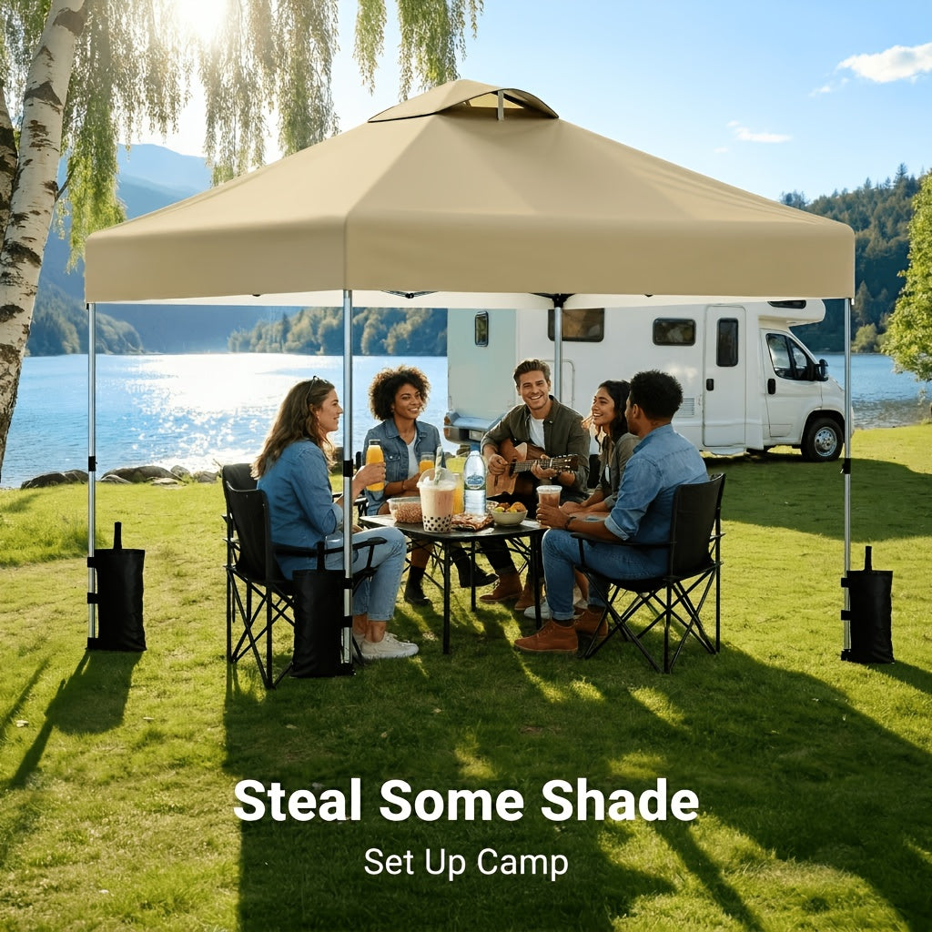 A 10X10Ft Gazebo That Is a Portable Outdoor Shelter Featuring One-Step Assembly, Adjustable Height, And Comes with a Storage Bag, Eight Ground Pegs, And Four Sandbags. It Has an Easy-To-Install Canopy, Making It Ideal for Beach Trips, Camping
