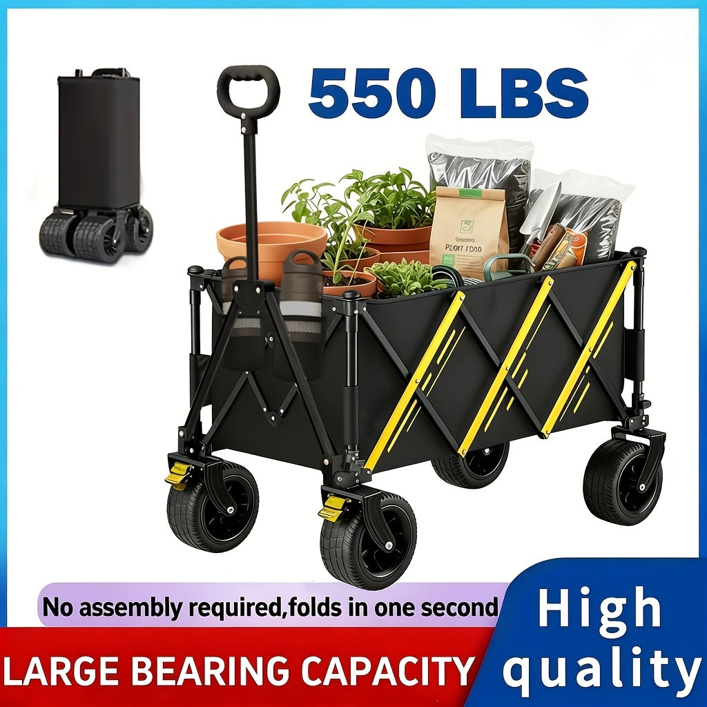 Collapsible Folding Wagon Cart, Large Capacity Camping Wagon, All Terrain Foldable Wagon with Wheels, 2 Cup Holders | Heavy Duty Utility Wagon Cart for Grocery Outdoor Beach Gardening Shopping Fishing Sports Pets Outing, 550 LBS, Black