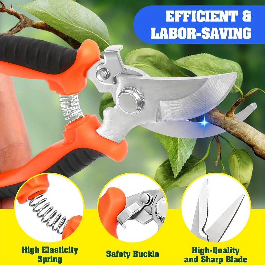 5pcs Heavy Duty Garden Pruning Shears Set with Stainless Steel Blades - Ambidextrous Handheld Scissors, Bypass & Secateurs, Includes Ergonomic Orange Handles and Storage Bag for Lawn and Tree Care