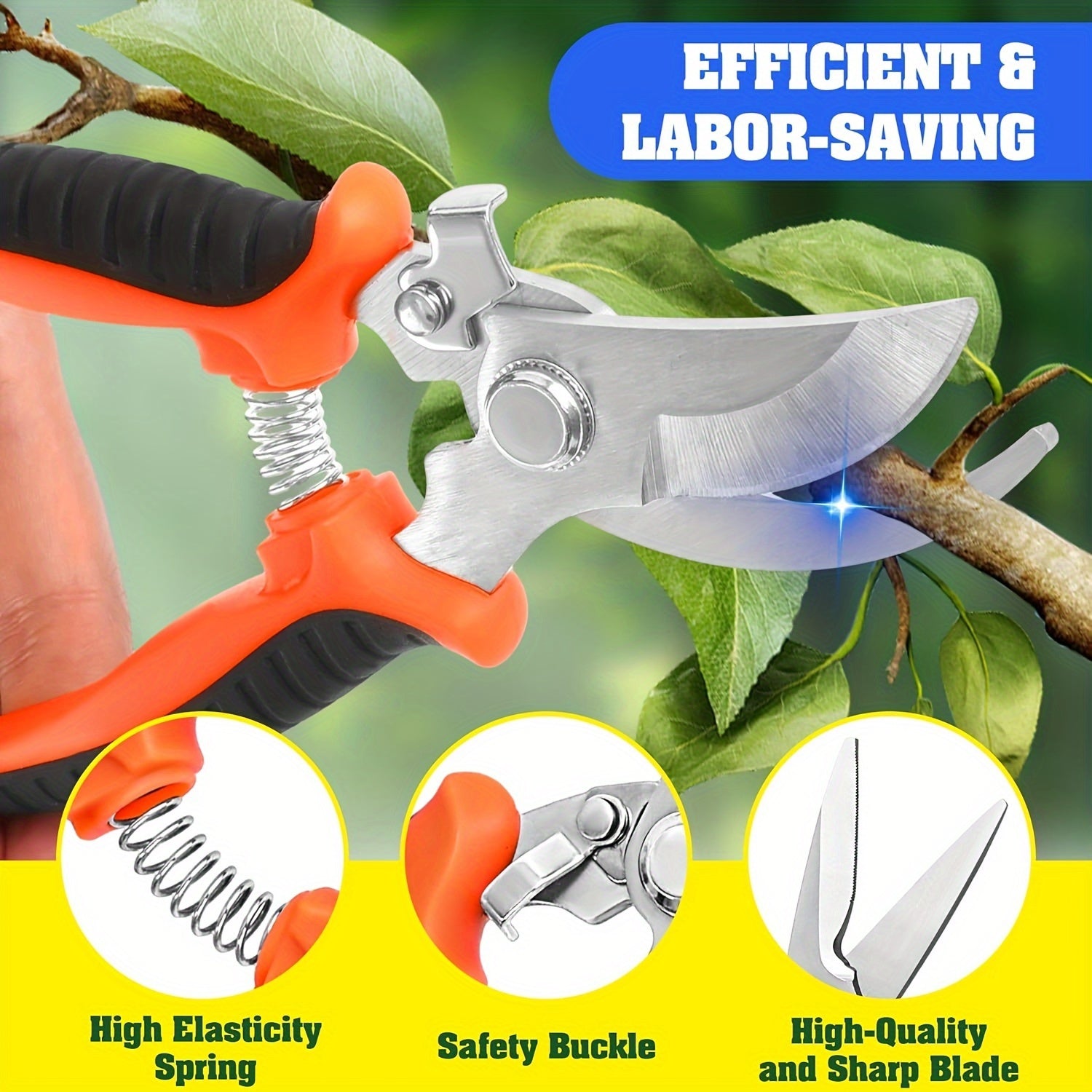 5pcs Heavy Duty Garden Pruning Shears Set with Stainless Steel Blades - Ambidextrous Handheld Scissors, Bypass & Secateurs, Includes Ergonomic Orange Handles and Storage Bag for Lawn and Tree Care
