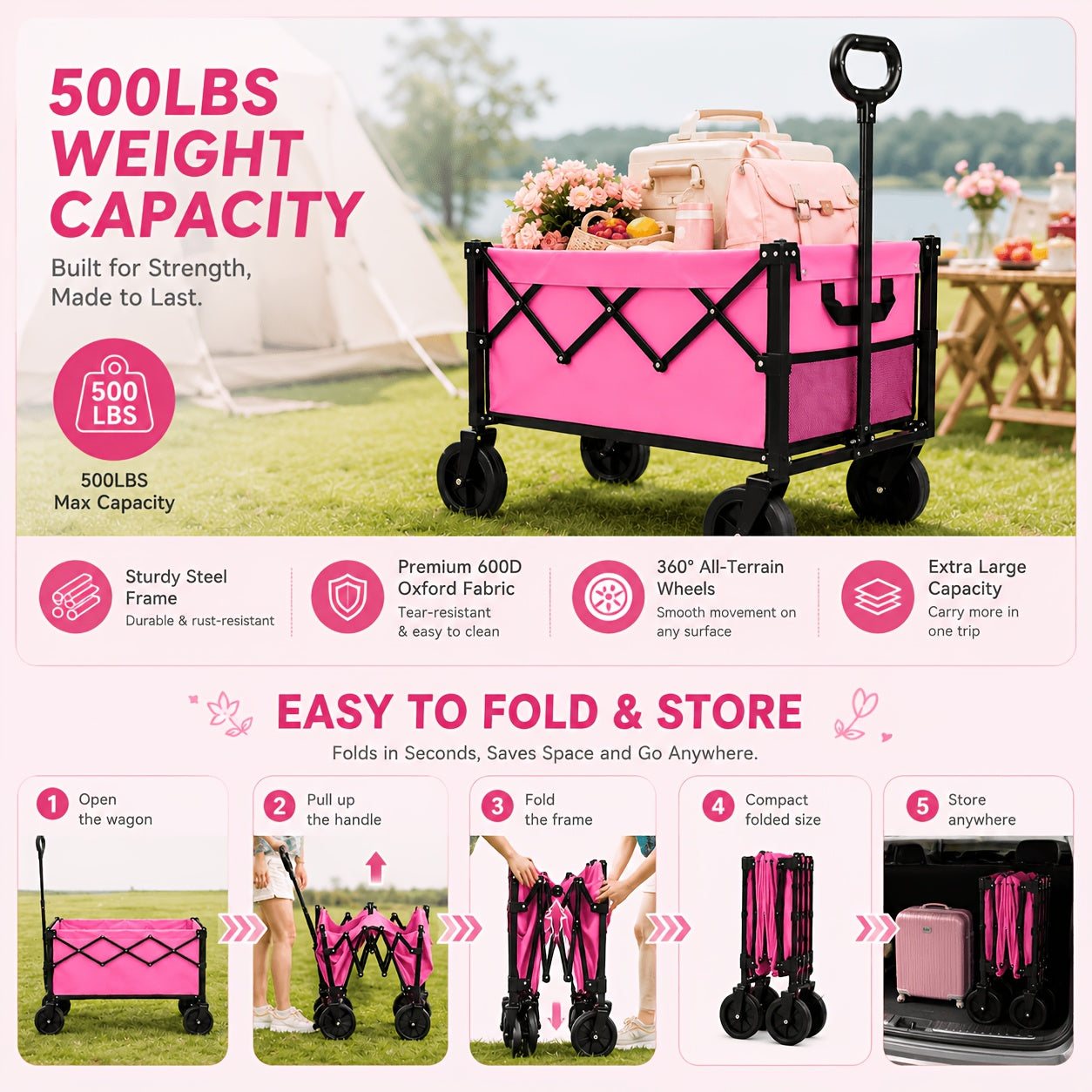 Pink Foldable Wagon Cart, Heavy Duty Collapsible Utility Wagon with Adjustable Handle & All-Terrain Wheels, Perfect for Camping, Picnic, Beach Days, Shopping And Outdoor Activities