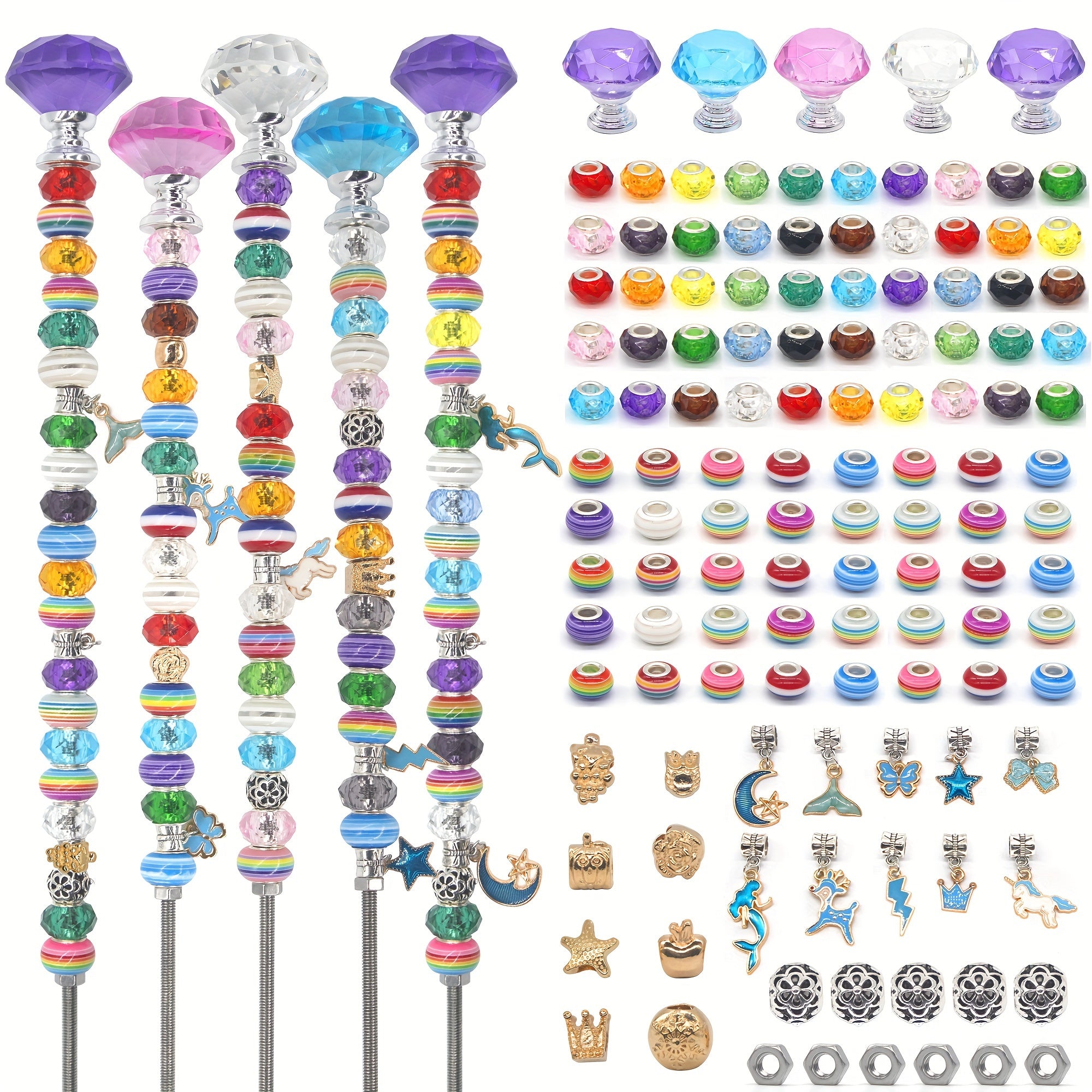 129pcs Garden Stakes Decorative Beaded Garden Stakes with Crystal Stopper Top Round Glass Bead Silver Bail Bead with Pendant Silver Bead for Outdoor Decoration