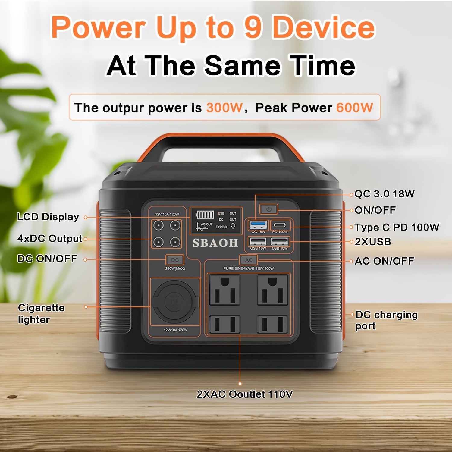 SBAOH 300W Portable Power Station 296Wh 80000mAh Solar Powered Generator with 100W PD Fast Charging, 13 Outlets, Digital Display, Lithium-ion Battery for Home Backup, RV Camping, And Emergency Power - (60W Solar Panel Is Optional)