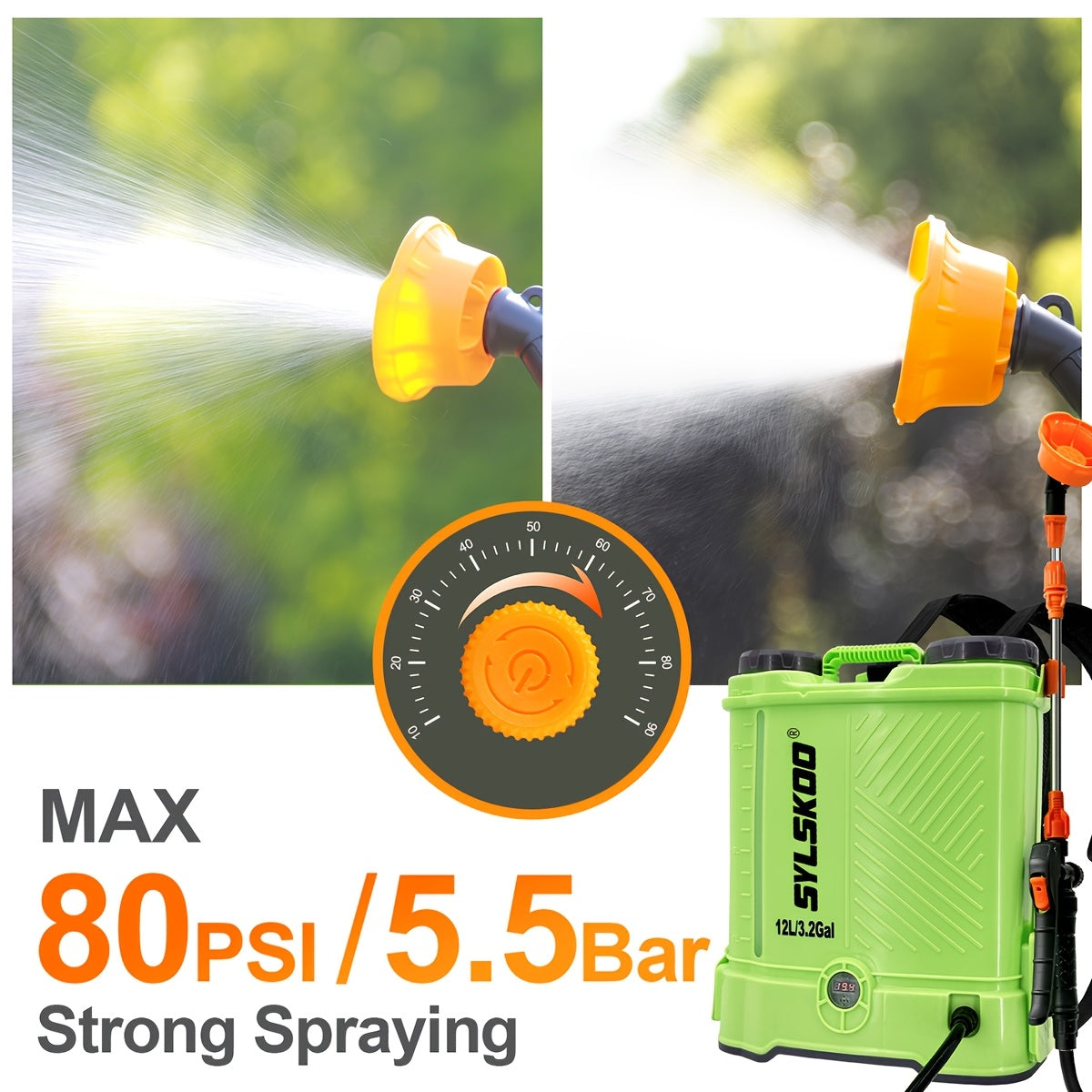 3.2 Gallon Backpack Sprayer Battery Powered, 0-80 PSI Adjustable Pressure Sprayer Compatible with 18V Battery, Electric Sprayer with Steel Telescopic Spray Wand, 5 Nozzles, 2.0Ah Battery&Charger Included