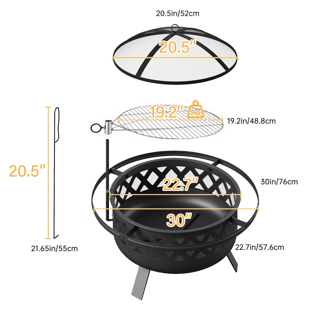 Outdoor Fire Pit With Grill, Steel Fire Bowl for BBQ Camping Picnic, Garden Patio Heater Charcoal Log Wood Burner
