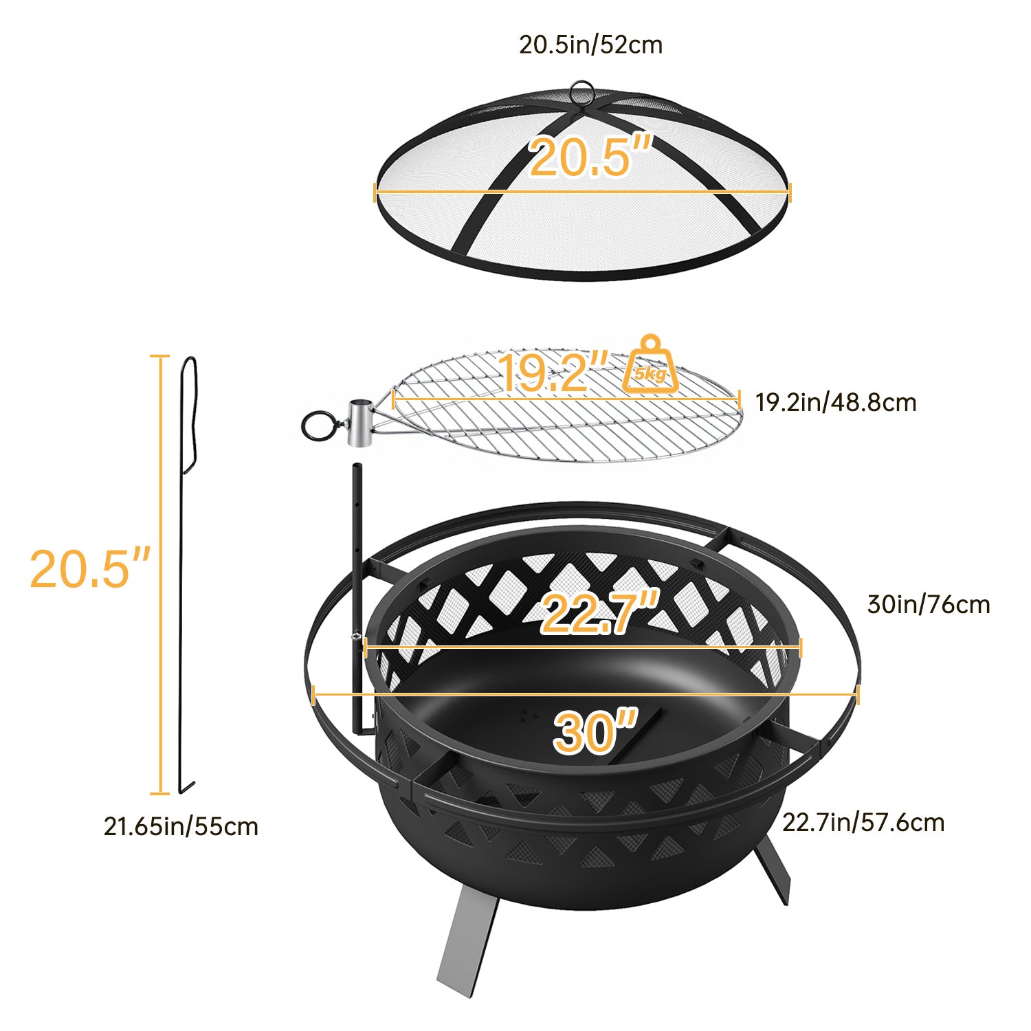 Outdoor Fire Pit With Grill, Steel Fire Bowl for BBQ Camping Picnic, Garden Patio Heater Charcoal Log Wood Burner