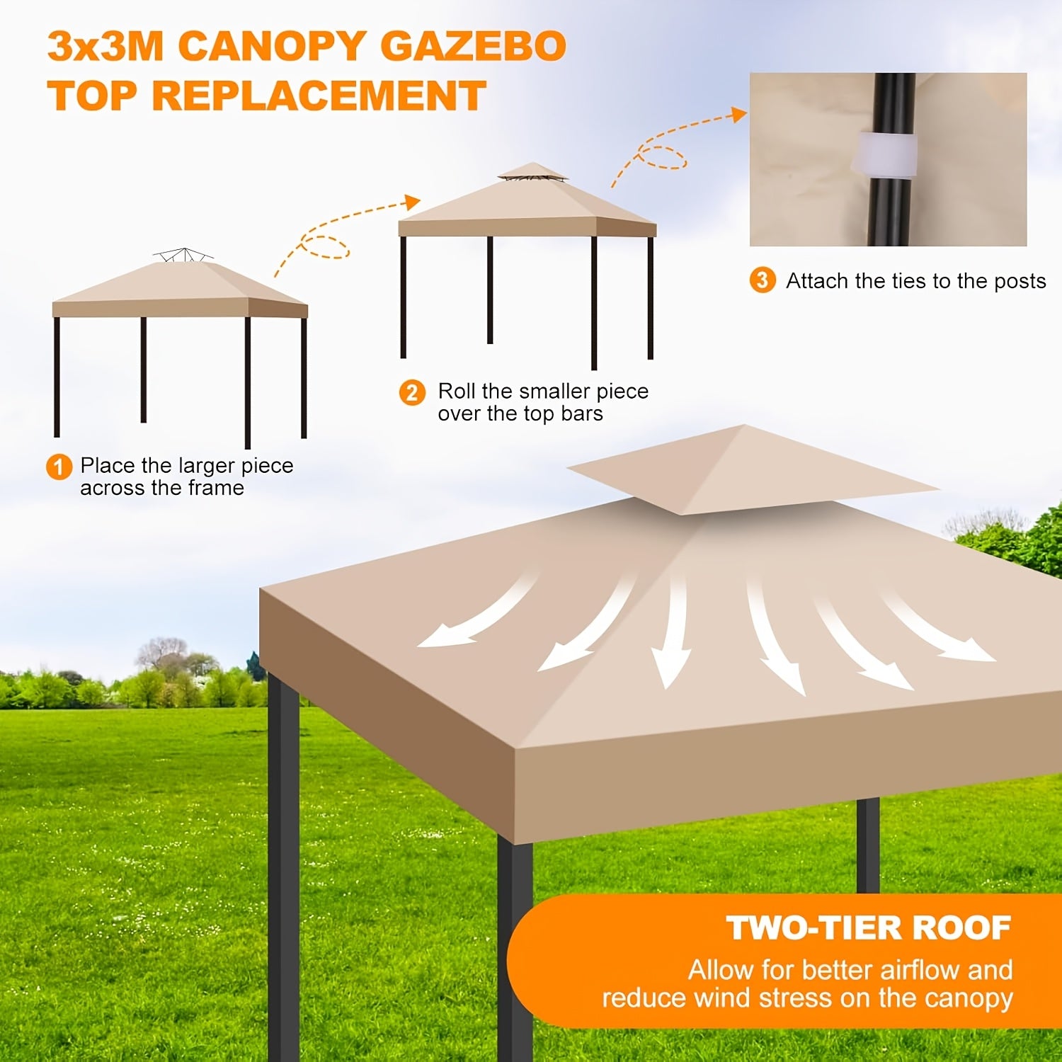 10X10 Canopy Replacement Top Cover Canopy Top Replacement Double Layer Vented Sunshade Cover 10'X10' Outdoor Gazebo for Backyard/Patio/Garden UV Resistant Top Cover solely Bracket Not Included