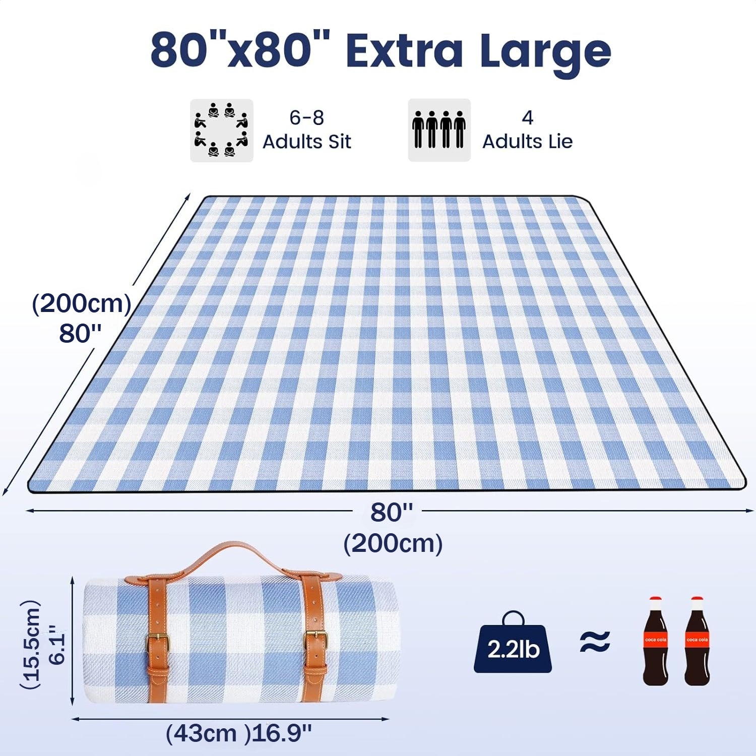 80'x 80' Picnic Blanket Extra Large, Waterproof and Foldable Beach Blanket, 3-Layer Outdoor Blanket for 6 to 8 Adults, for Camping, Park, Beach, Grass, Indoors... Non-Food Direct Contact