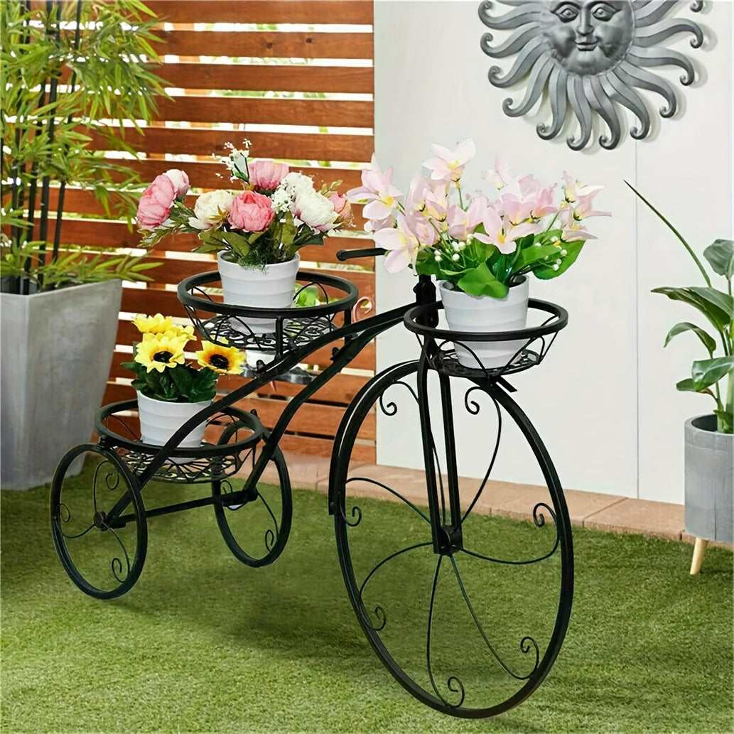 Metal Bicycle Planter 3 Tier Tricycle Flower Plant Stand Parisian Style Flower Display Stand Cart For Home Decor Patio Garden Flower Shop Indoor Outdoor